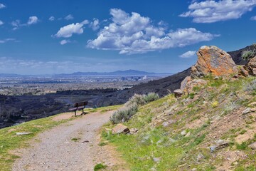 Grandeur Peak hiking trail loop views spring back around Bonneville Shoreline Pipe Line Overlook Rattlesnake Gulch trail, Wasatch Front Rocky Mountains, by Salt Lake City, Utah. United States. USA