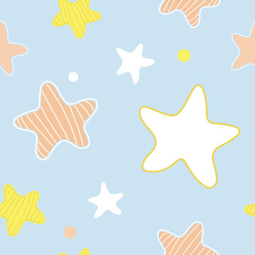 Soft, delicate seamless pattern for baby kids with cute cartoon colored stars on a blue background. Decorative, stylized elements in a flat style. Good night and sweet dreams children's vector design