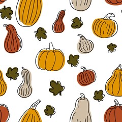 A seamless nature pattern of pumpkins and leaves in a doodle style on a white background. The illustration is hand-drawn, with curved lines. Design for fabric and different objects. Concept of autumn,