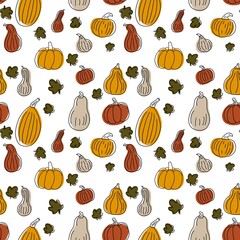 A seamless nature pattern of pumpkins and leaves in a doodle style on a white background. The illustration is hand-drawn, with curved lines. Design for fabric and different objects. Concept of autumn,