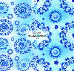 set of seamless blue backgrounds with floral ornament, In hippie styles