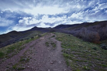 Grandeur Peak hiking trail loop views spring back around Bonneville Shoreline Pipe Line Overlook Rattlesnake Gulch trail, Wasatch Front Rocky Mountains, by Salt Lake City, Utah. United States. USA