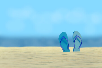 Pair of flip flops on the beach with the sea in the background. Selective focus. 3d illustration.