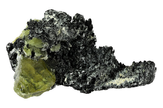 green sphene (titanite) with feldspar from Pakistan isolated on white background