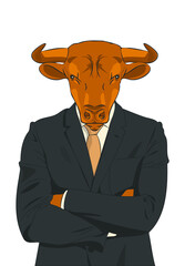 Serious bull - a businessman in a business suit: shirt, jacket and tie, stands with folded hands. Vector illustration
