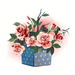 Illustration household items gift box decorated with flowers. Cute little romantic pictures with flowers. Beautiful pink roses.Isolated