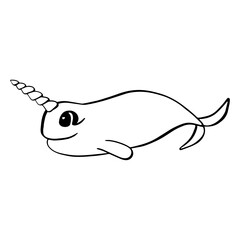 Narwhal. Black and white outline. Vector image in cartoon style. Children's coloring book.