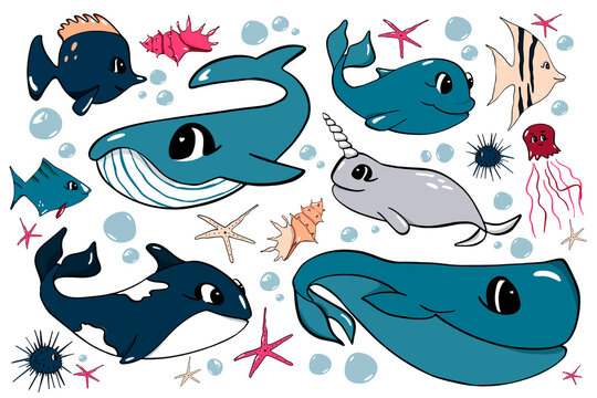 Vector cute set of design elements of the underwater world. Vector illustration in cartoon style. Can be used as stickers, to decorate children's rooms.