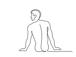 Nude Man sitting back. Continuous one line drawing