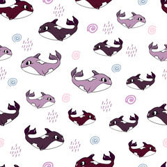 Seamless pattern with cute pink dolphins. Vector children's illustration. For decoration of children's bedding, clothes, wallpaper