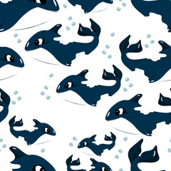 Seamless pattern with killer whales. Children's cartoon style. Vector illustration for printing on fabric, baby room decoration, packaging decor