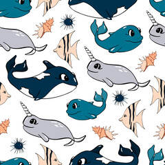 Underwater world. Children's seamless pattern. Vector illustration. Suitable for fabrics, for children's albums, postcards