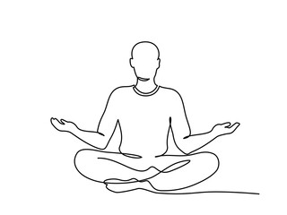 Meditating man in lotus yoga pose. One line drawing