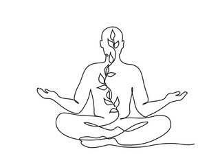 Meditating man in lotus yoga pose. One line drawing
