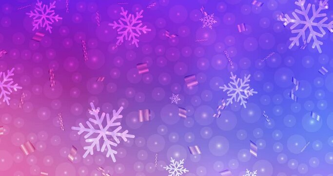 4K looping light pink, blue video sample in carnival style. Quality abstract video with colorful Christmas symbols. Flicker for video designers. 4096 x 2160, 30 fps.