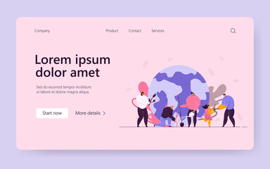 Tiny people caring Earth ecology flat vector illustration. Cartoon girl, men and women near planet watering green plants. Environment protecting and conservation concept