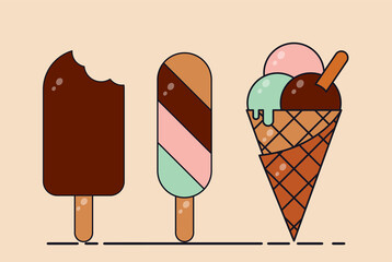 Cute set ice cream in beauty style. Summer theme in pastel color. Vector illustration concept.