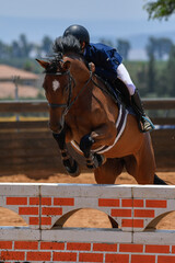 Rider on horse jumping over a hurdle during the equestrian event	