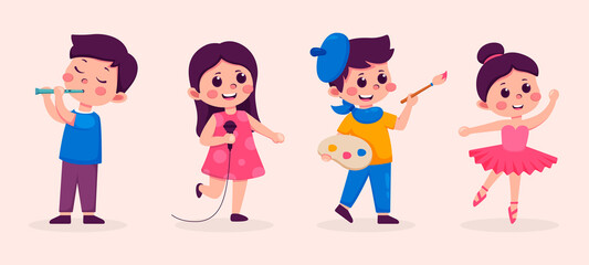 Cute little children playing different hobby, playing a musical instrument, singer, painting, ballerina vector Illustrations