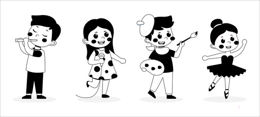 Obraz premium Black and White Cute little children playing different hobby, playing a musical instrument, singer, painting, ballerina vector Illustrations