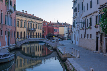 Naklejka premium romantic idyllic views of the narrow canal street and renaissance facades of the city of Venice