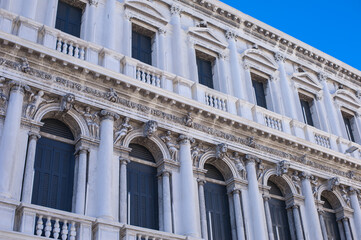 details of facades of square San Marco fresh early morning waiting to be floated with tourists