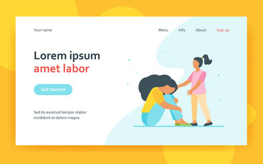 Girl trying to help sad woman. Sadness, child, grief flat vector illustration. Depression and melancholy concept for banner, website design or landing web page