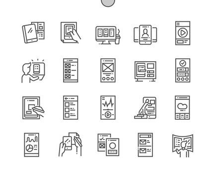 Mobile ux. Social media app. Mobile application. Gui, development, creative, network, prototype, widget, webpage and interface. Pixel Perfect Vector Thin Line Icons. Simple Minimal Pictogram