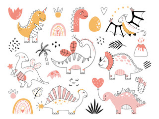 Dinosaurs vector set in doodle style Cute outline baby dino © DandelionFly