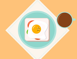 Simple breakfast fried egg bread toast tea plate tissue tomatos coffee sesame orange flat vector bright less calories minimalistic