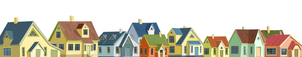A village or a small rural town. Small houses. Street in a cheerful cartoon flat style. Small cozy suburban cottages with roofs. Isolated Vector.