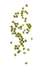 Salted green peas falling isolated on white background with clipping path.