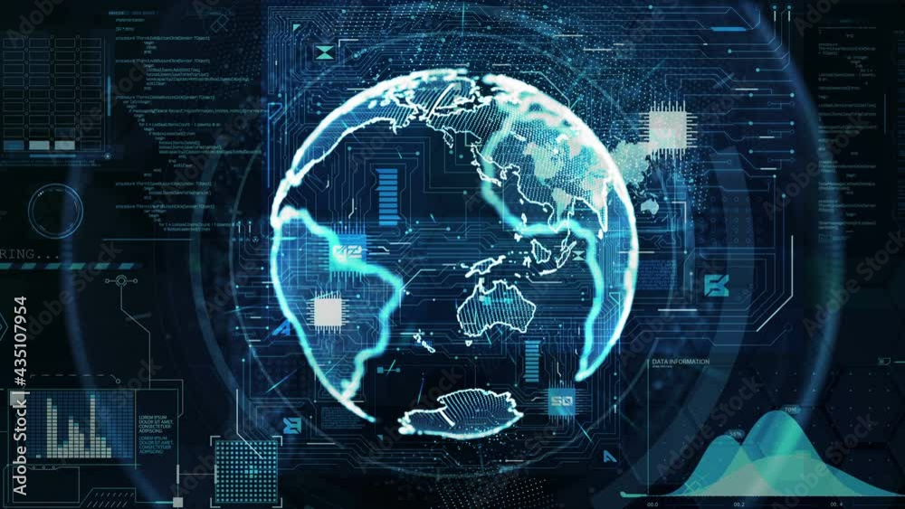 Poster blue abstract earth technology and communications motion background. fantasy hi tech elements in mot