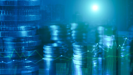 Financial investment concept, Double exposure of stack of coins and city for finance investor, Forex trading market candlestick chart, Cryptocurrency Digital economy. investing growing.economy trends