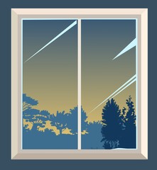 The window is ordinary. With fragments of the wall. View from the room to the silhouettes of the evening rainforest. Cartoon flat style. Vector.