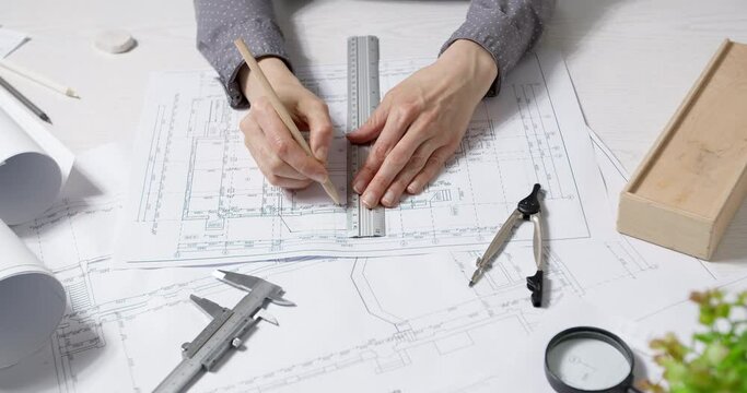The hands of a professional architect draw a sketch of the design project with a pencil on paper. The desktop of a civil engineer creating blueprints for a building. 4K.