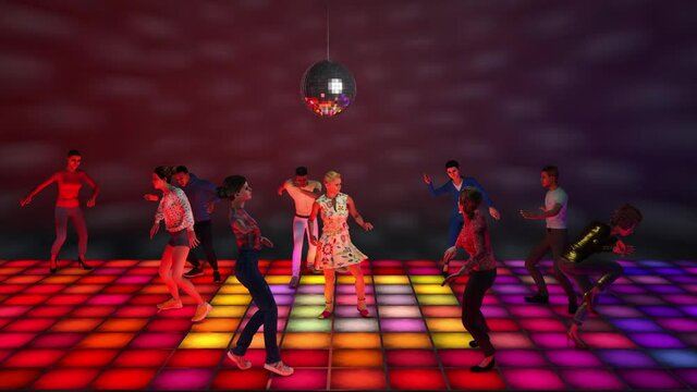 CG animation of people dancing in a retro disco club with colorful dance floor and a discoball, loop with alpha matte.