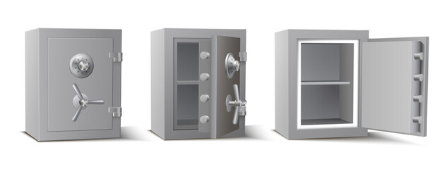 Collection metal safe with opened closed door vector illustration armored box with secret code lock