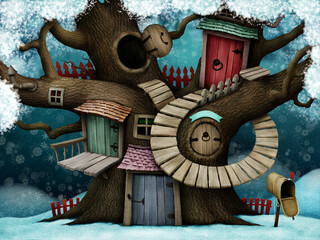 Festive winter background for a postcard or poster with a huge old tree with doors and windows
