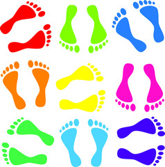 Human colorful footprints silhouette background. White bare foot print on white background. Clip-art vector illustration.
