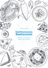 Mediterranean cuisine top view frame. A set of mediterranean dishes. Food menu design template. Vintage hand drawn sketch. Vector illustration. Food collection.