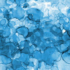 Blue alcohol ink bubbles seamless pattern. Monochrome watercolor abstract background
