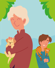 men with dog and cat