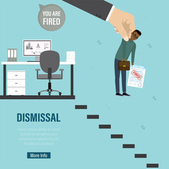 Dismissal, landing page. Fired worker with box in hands. Big hand points down stairs. Reduction of number of employees.
