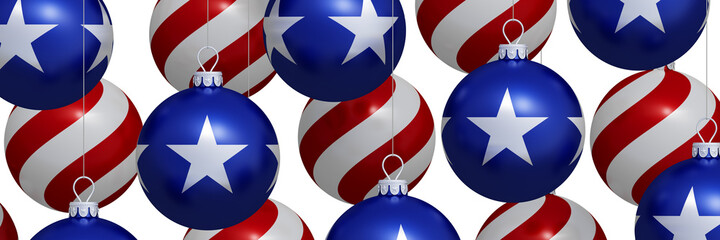 Red and blue with white stars Christmas balls. Background for banner, poster, flyer, greeting card. 3d render. America. Patriotic backdrop for web design. 4 th July. USA. Wallpapers.  Isolated.