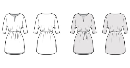 Dress tunic technical fashion illustration with tie, elbow sleeves, oversized body, mini length skirt, slashed neck. Flat apparel front, back, white, grey color style. Women, men CAD mockup