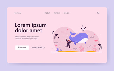 Tiny man exploring marine wildlife. Diver, whale, sea or ocean fishes flat vector illustration. Aquarium, tropical, marine fauna exploration concept for banner, website design or landing web page