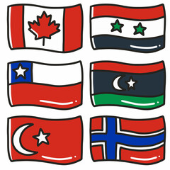 illustration of the flags of six world countries hand-drawn doodle art and design element