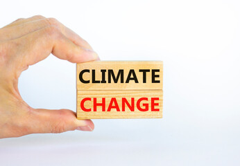 Climate change symbol. Wooden blocks with words 'Climate change' on beautiful white background. Businessman hand. Business, ecological and climate change concept. Copy space.