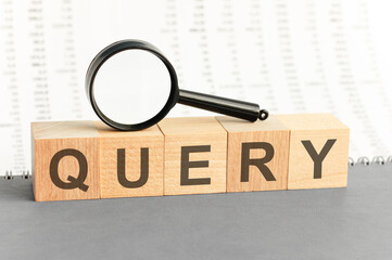 wooden blocks with the text: query with magnifying glass, concept